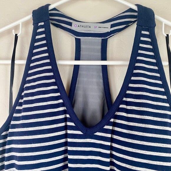 ATHLETA EMBER NAVY BLUE GRAY STRIPE RACERBACK SUPPORT TANK DRESS Womens Sz Small - Picture 2 of 12